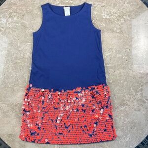 Crewcuts Navy shift dress with coral party discs Size 7